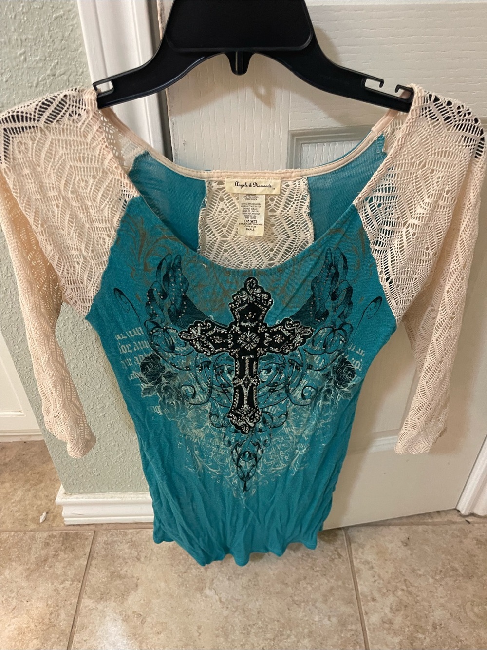 Angels & Diamonds Teal Scoop-Neck Top with Cream Lace Sleeves